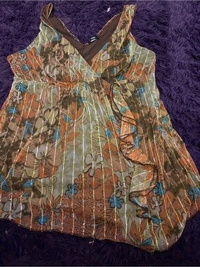 Ing Brown Multi Floral Ruffle Tank